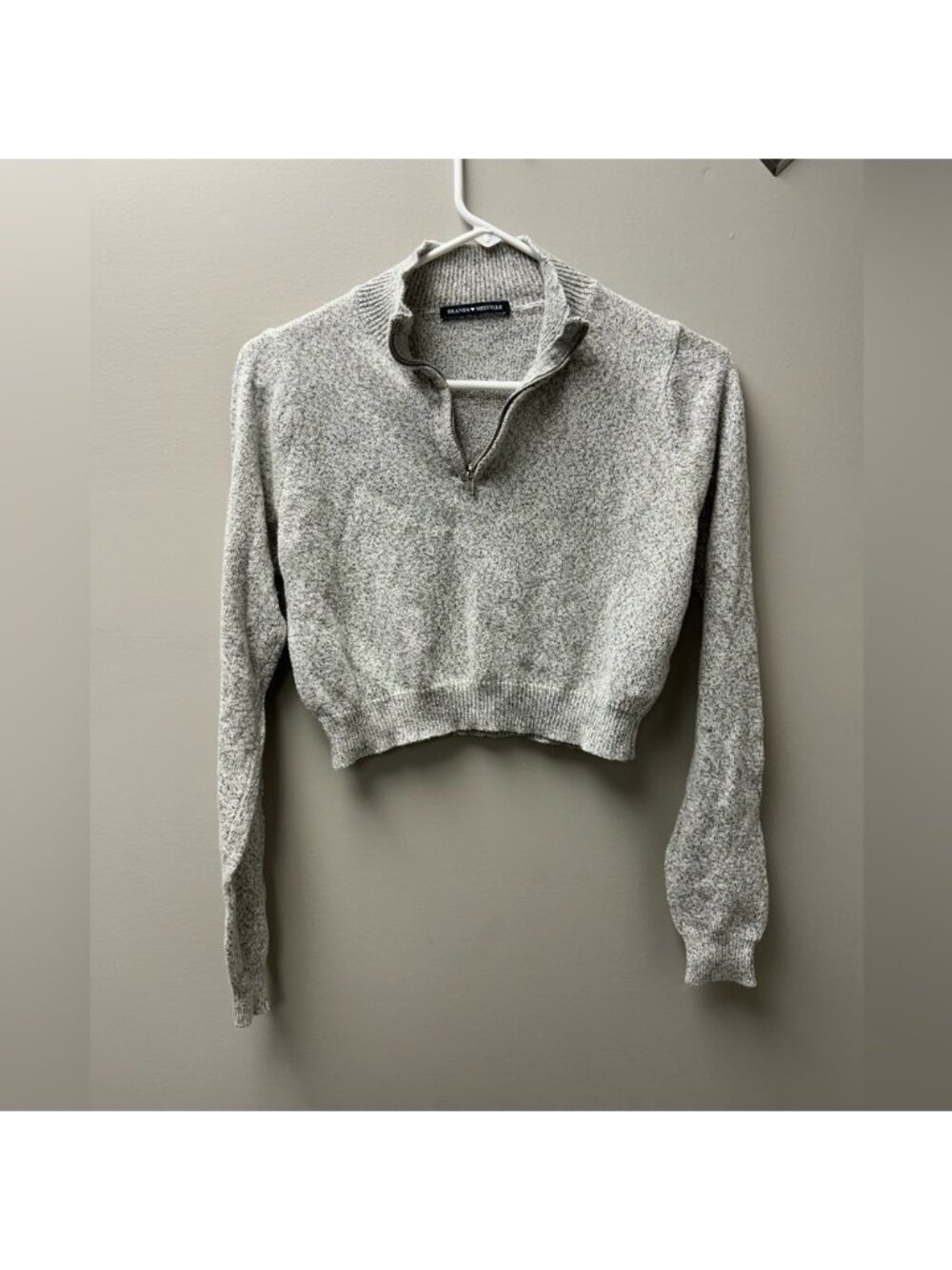 Brandy Melville Grey Peppered Quarter Zip Cropped Sweater